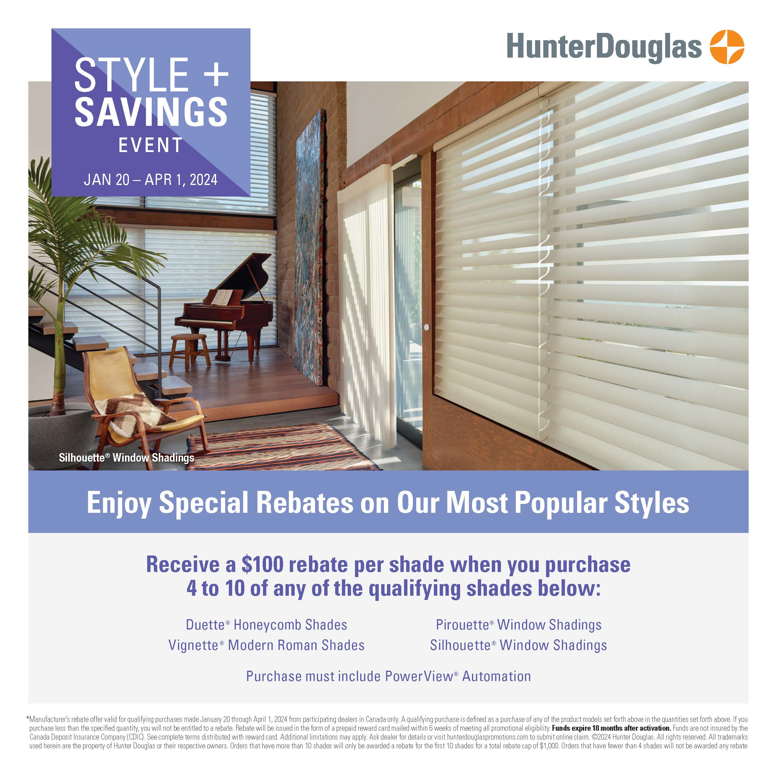 Hunter Douglas Style & Savings Promo - January 20 - April 1, 2023.